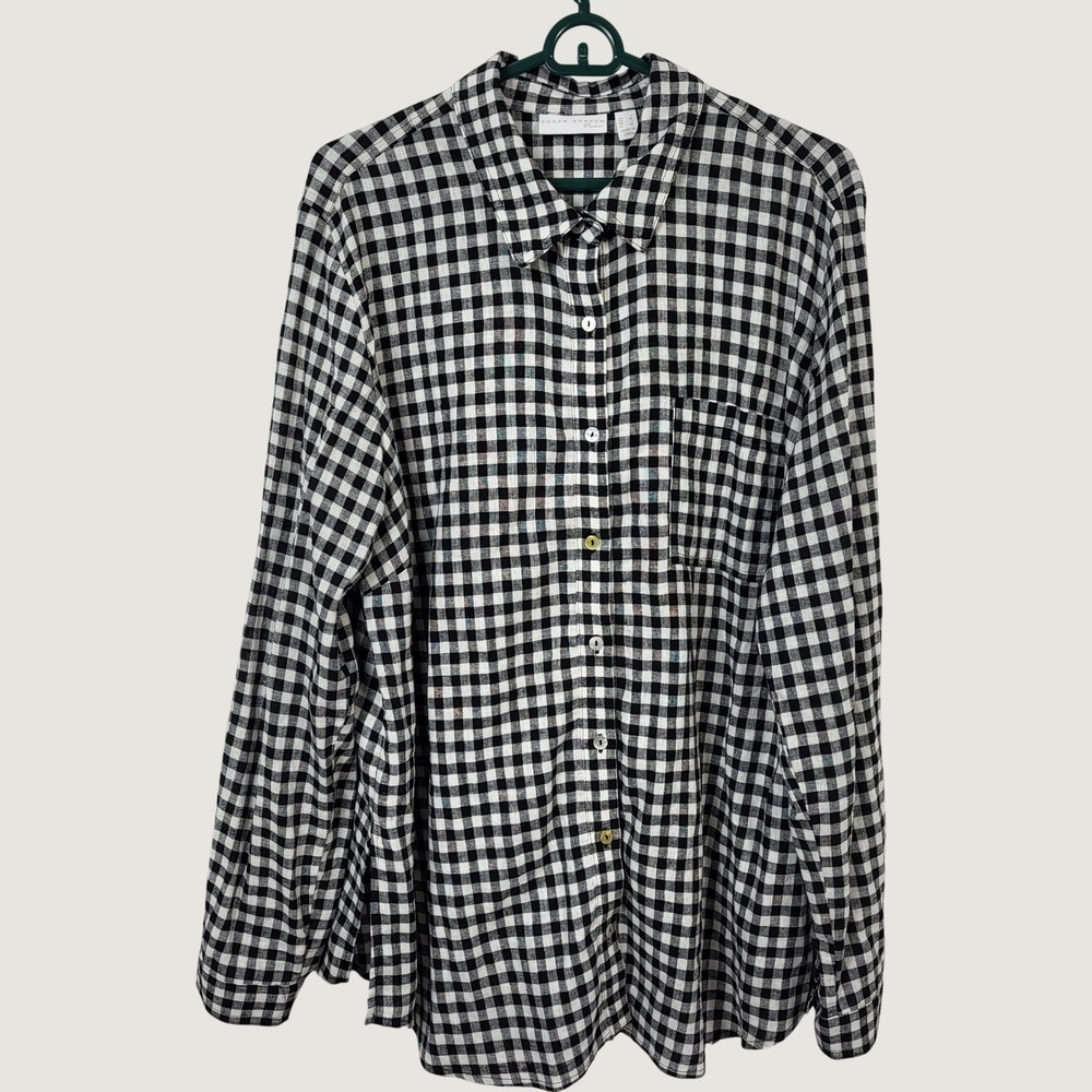 Susan Graver Pure Women XL Black White Gingham Linen Rayon Button Down Shirt